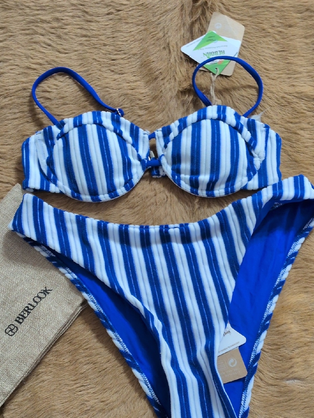 Berlook Velvet Striped Blue & White Bikini Set Small Top Medium Bottoms